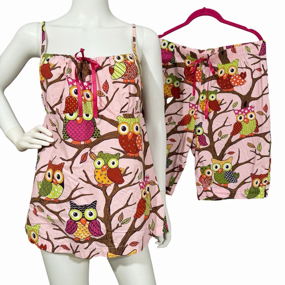 Nick & Nora Pink Owl Pajama Set Cami / Long-Shorts Womens M 100% Cotton